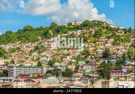 Lots of shantytown favelas on the hill, Fort De France, Martinique, French overseas department Stock Photo