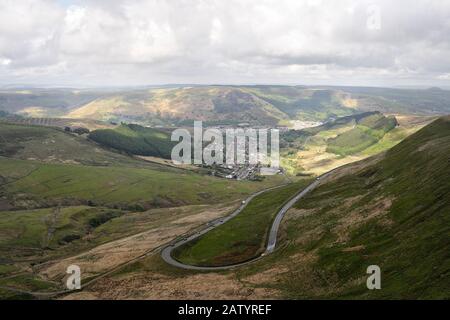 View of the Rhondda valley towards Treorchy and Cwmparc from the Bwlch mountain pass, Wales, Welsh Valleys Stock Photo