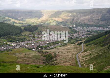 View of the Rhondda valley towards Treorchy and Cwmparc from the Bwlch mountain pass, Wales, Welsh Valleys countryside Stock Photo