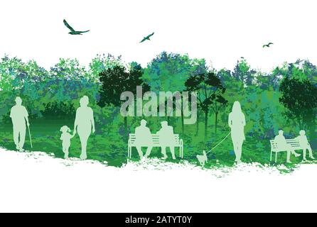 Vector illustration of beautiful landscape scene with people on park over white background Stock Vector
