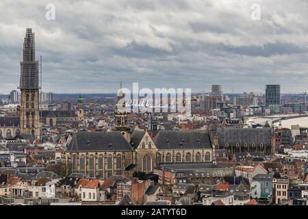 Cityscape of Antwerp, Flanders, Belgium, Europe, with view to the Cathedral of Our Lady, the City Hall and river Scheldt Stock Photo