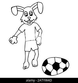 Easter bunny in a tracksuit kicks an Easter egg in the form of a soccer ball. white background isolated outline stock vector illustration Stock Vector