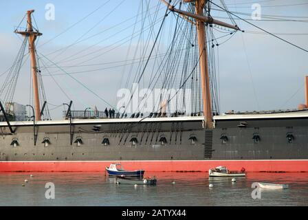 HMS Warrior, built for the Royal Navy in 1860, Portsmouth Historic Docks, Portsmouth, Hampshire, England. Stock Photo