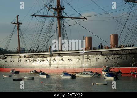 HMS Warrior, built for the Royal Navy in 1860, Portsmouth Historic Docks, Portsmouth, Hampshire, England. Stock Photo