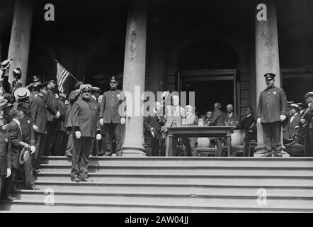 Notification ceremony that took place on September 3, 1913 on the steps of City Hall, New York City, where Mayor William J. Gaynor was nominated for re-election. Stock Photo