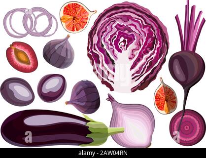 Collection of fresh violet color vegetables and fruits raw on white background Stock Vector