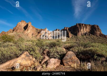 Superstition Mountain landscape at sunset. Superstition Wilderness area east of Phoenix, AZ. Stock Photo