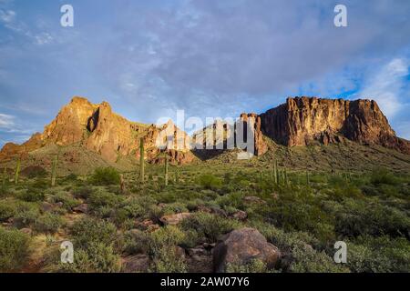 Superstition Mountain landscape at sunset. Superstition Wilderness area east of Phoenix, AZ. Stock Photo