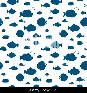 Cute silhouettes of fish of different shapes and sizes on white background. Underwater marine wild life. Seamless pattern. Vector illustration. Stock Vector
