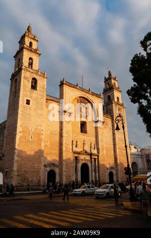 Catedral de San Ildefonso is the main cathedral of Merida, Yucatan, Mexico. This image shows the facade in sunlight against the sky. Stock Photo