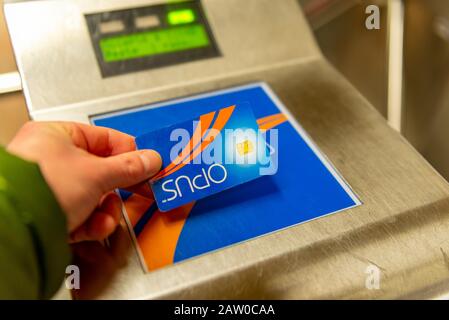 Montreal Quebec Canada February 5 2020: Opus Card being used to enter the metro, taping the card Stock Photo