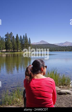 woman in red shirt facing away sitting by Dog Lake in Yosemite National Park Stock Photo