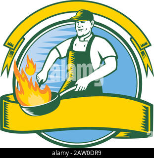 Mascot icon illustration of a cook or chef cooking with flaming pan or wok set inside circle with ribbon and banner viewed from front in retro style o Stock Vector