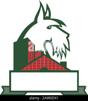 Sports mascot icon illustration of head of a Scottish Terrier, Aberdeen Terrier or Scottie dog viewed from side with tartan plaid cladded building or Stock Vector