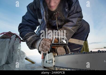 A worker in a blue jacket sharpens a chainsaw chain. Stock Photo