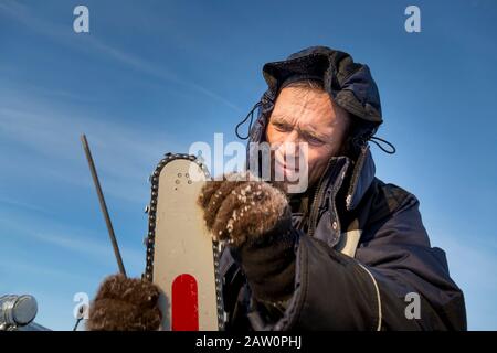 A worker in a blue jacket sharpens a chainsaw chain. Stock Photo