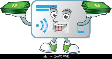 rich and famous NFC card cartoon character with money on hands Stock Vector