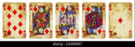 Diamonds Suit Vintage Playing Cards, Set include Ace, King, Queen, Jack and Ten - isolated on white. Stock Photo
