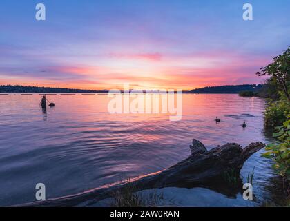 Sunset at Gene Coulon Memorial Beach Park, Renton Washington Stock Photo