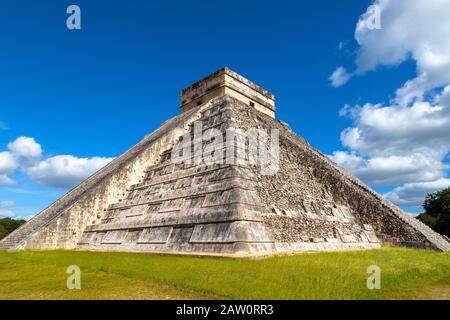Centuries-old Temple of Kukulkan at Chichen Itza, one of the largest Maya cities discovered by archaeologists in Mexico. Also known as El Castillo or Stock Photo