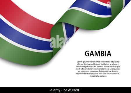 Waving ribbon or banner with flag of Gambia. Template for independence day poster design Stock Vector