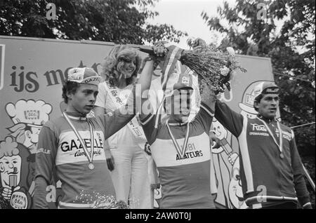 NK road racing in Geulle (amateurs and ladies); 1, 2, 3 amateur Ad van de Poel (2nd), René Koppert (1st, New Eng. Champion amateur) and Hans. Boom Date: June 20, 1981 Location: Geulle Keywords: amateur, cycling Person Name: Boom, Hans, Koppert, René, Poel, Adrie van der Stock Photo