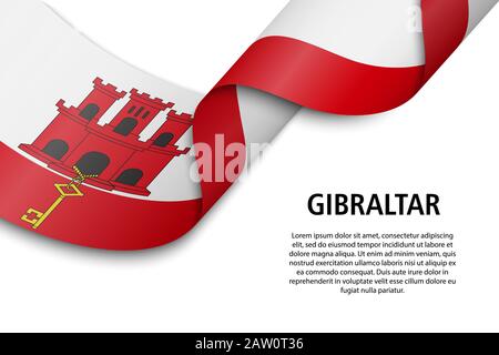 Waving ribbon or banner with flag of Gibraltar. Template for independence day poster design Stock Vector