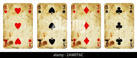 Four Playing Cards Isolated on White Background, Showing Three from Each Suit - Hearts, Clubs, Spades and Diamonds. Stock Photo