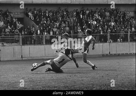 Practice match against FC Bruges Dutch team 1-3; Johan Neeskens scored the third goal, No. 1 goalie Gogne right Volders. Date: May 13, 1978 Keywords: sport, football Person Name: Fc Bruges, Neeskens, Johan Stock Photo