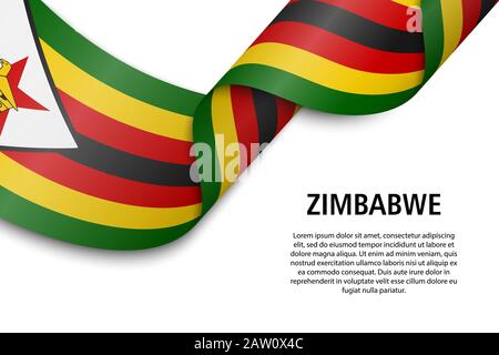 Waving ribbon or banner with flag of Zimbabwe. Template for independence day poster design Stock Vector