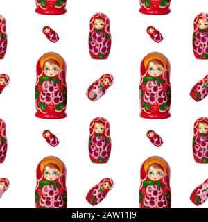 Seamless pattern of matreshka nesting doll on white background isolated, red matrioska ornament wallpaper, beautiful matryoshka backdrop, russian art Stock Photo