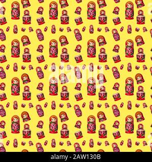 Seamless pattern of matreshka nesting doll on yellow background isolated, red matrioska ornament wallpaper, beautiful matryoshka backdrop, russian art Stock Photo