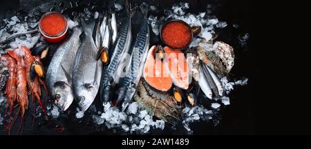 Fresh fish and seafood on black background. Top view with copy space. Panorama, banner Stock Photo