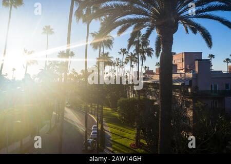 Stunning aerial view of Beverly Hills neighborhood, Beverly Hills Hotel, and Sunset Boulevard surrounded with palm trees in Los Angeles, California. Stock Photo