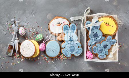 Easter cookies on gray background. Greeting Easter background. Top view Stock Photo