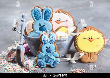 Easter cookies on gray background. Greeting Easter background. Stock Photo