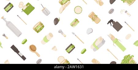 Zero Waste Vector Seamless Pattern in Minimalism Style, with Reusable and Recycle Zero Waste products - Pad, Box, Charcoal toothbrush, Natural Soap Stock Vector