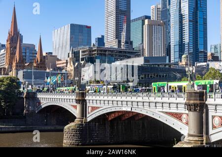 Melbourne tram on Princes bridge over the yarra river in Melbourne city centre,Victoria,Australia Stock Photo