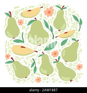 Set of green pear and sliced half pear with leaf and flowers. Cartoon hand drawn style. Isolated pear for fresh fruit, organic food, natural eat background, pattern design. Vector illustration. Stock Vector