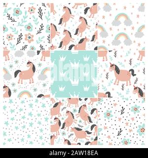 Unicorn seamless pattern of simple trendy cartoon style. Unicorn, magic horse, pony for kids and magic textile, walppaper, fabric design. Isolated vector illustration. Stock Vector