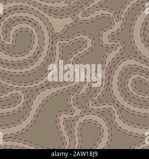 Vector seamless texture in beige color from smooth streamlined shapes stitched with black dotted lines. Abstract background for decoration of fabrics Stock Vector