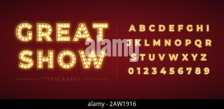 3d light bulb alphabet with gold frame isolated on dark red background. Stock Vector