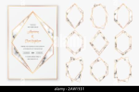 Gold polygonal crystal frames with trendy marble texture. Stock Vector