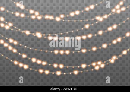 Glowing garland with hearts and bulbs. Illuminated yellow-orange decorative lights. Valentine's Day event decoration. Stock Vector