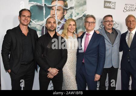 Hollywood, California, USA 5th February 2020 (L-R) Actor Tony Dalton, actor Michael Mando, actress Rhea Seehorn, Co-creator/executive producer Peter Gould, Co-creator/executive producer Vince Gilligan and actor Patrick Fabian attend AMC's 'Better Call Saul' Season Five Premiere on February 5, 2020 at ArcLight Cinemas Hollywood in Hollywood, California, USA. Photo by Barry King/Alamy Live News Stock Photo