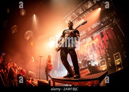 Oslo, Norway. 05th Feb, 2020. The Canadian punk rock band Sum 41 performs a live concert at Sentrum Scene in Oslo. Here guitarist Dave Baksh is seen live on stage. (Photo Credit: Gonzales Photo/Terje Dokken/Alamy Live News) Stock Photo