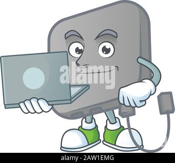 A smart power bank mascot icon working with laptop Stock Vector