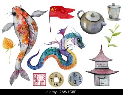 China, element, teapot, housing, flashlight, red, bamboo, carp, fish, gold, vase, coin, sign, flag Stock Photo