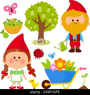 Gardening illustration collection with garden gnomes. Stock Vector