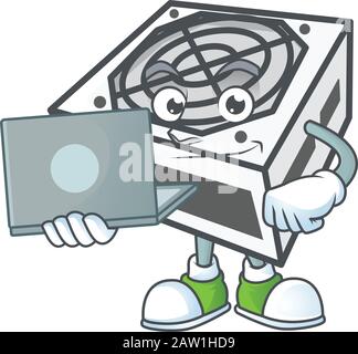 A smart power supply unit white color mascot icon working with laptop Stock Vector